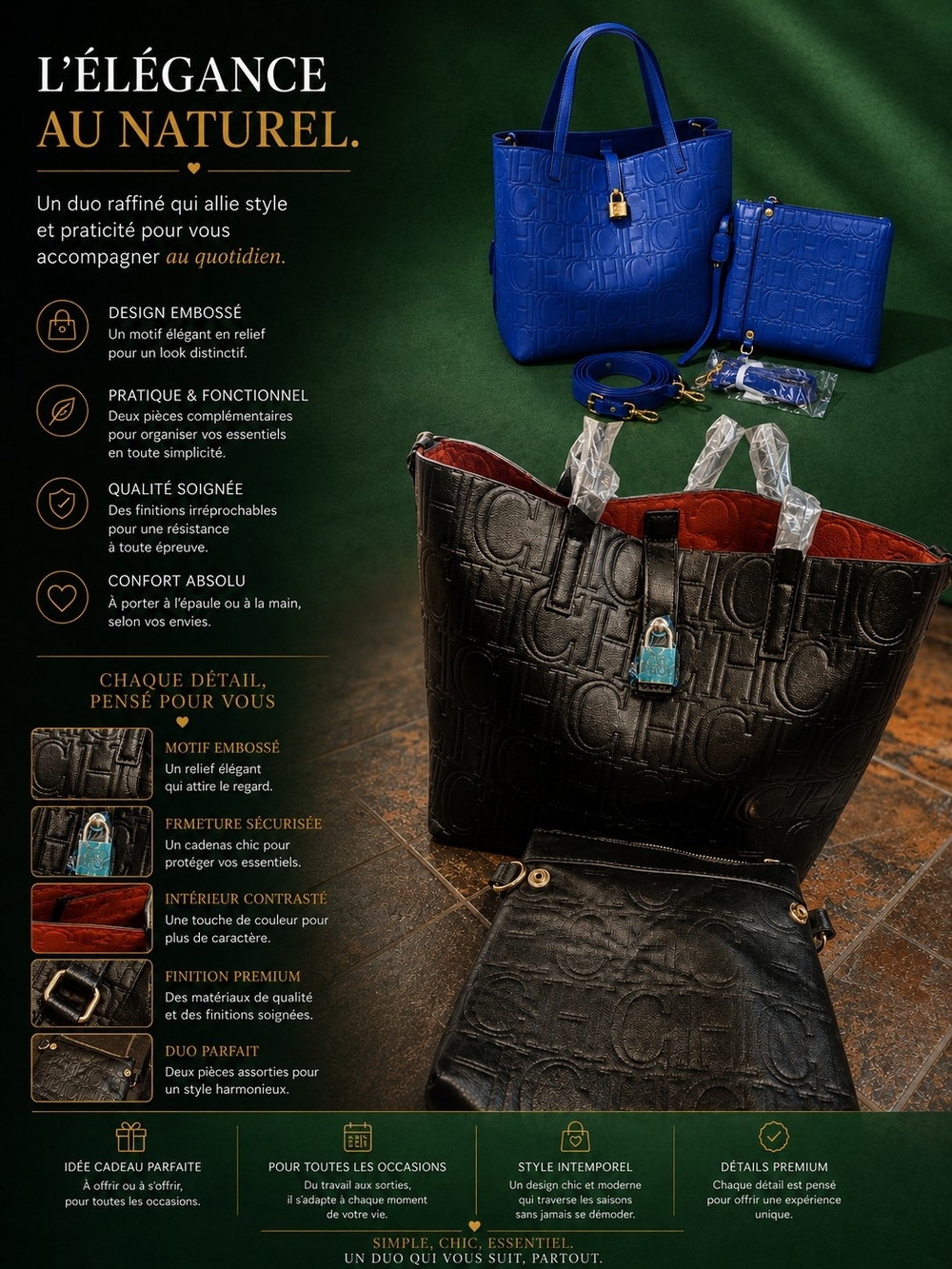 CHIC embossed leather tote bag - Black & Blue two-piece set